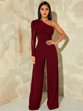 SHEIN One-Shoulder Wide-Leg Jumpsuit in Burgundy Red